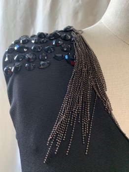BEBE, Black, Rayon, Nylon, Solid, One Shoulder, Black Beads & Silver Metal Chain Fringe on Shoulder, Zip Side