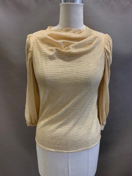 Womens, Evening Tops, ANTHONY RICHARDS, Gold Metallic, Beige, Acetate, Nylon, 2 Color Weave, B: 38, High Neck, Cowl Front, L/S