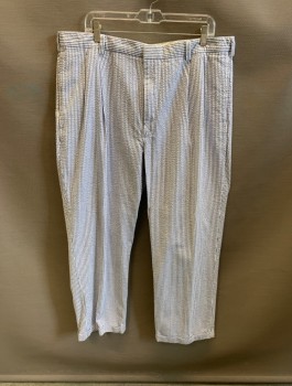 Mens, Casual Pants, JOS A BANK, Blue, White, Cotton, Stripes - Vertical , 42/30, Side Pockets, Zip Front, Pleated Front, 2 Welt Pockets
