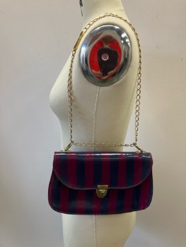 N/L, Navy/Purple Patent Stripe, Envelope with Brass Clasp And Chain Handle