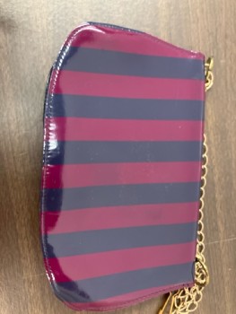 Womens, Purse, N/L, Navy/Purple Patent Stripe, Envelope with Brass Clasp And Chain Handle
