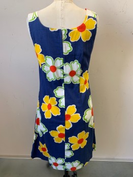 Aloha Hawaiian, Navy Blue, Yellow, Lime Green, White, Red, Cotton, Floral, Sleeveless, Button Shoulder Strap, Single Diagonal Pocket, Back Zipper,