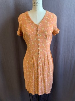 N/L, Apricot Orange, Multi-color, Rayon, Floral, V-N, S/S, Button Front, Pleated at Bust, Orange, Mauve Pink, and Beige Flowers with Green Stems