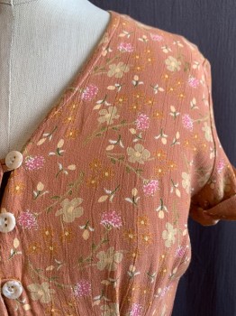 Womens, Dress, N/L, Apricot Orange, Multi-color, Rayon, Floral, W28, B34, V-N, S/S, Button Front, Pleated at Bust, Orange, Mauve Pink, and Beige Flowers with Green Stems