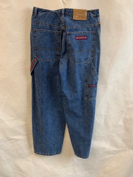 Mens, Jeans, SACK STAR, Denim Blue, Cotton, 30/30, Slant Pockets, Zip Front, Red Trim & Stitching, Tab on Left Thigh, 2 Back Patch Pockets, 1 Pocket on Right Thigh