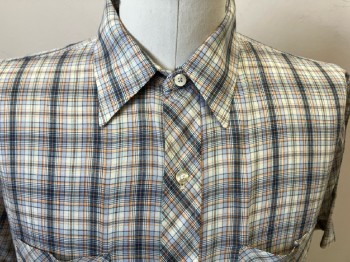 DEE CEE, Off White with Navy Orange Lt Blue & Green Plaid, S/S, B.F., C.A., 2 Patch Pocket,