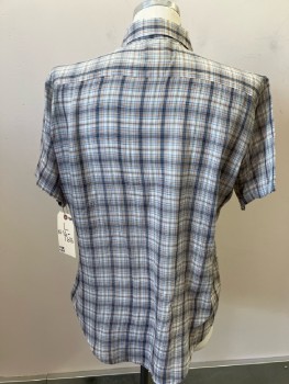 DEE CEE, Off White with Navy Orange Lt Blue & Green Plaid, S/S, B.F., C.A., 2 Patch Pocket,