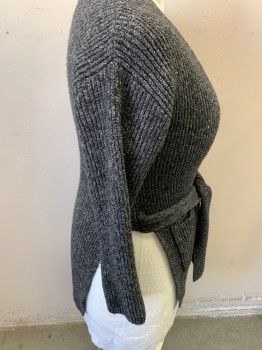 Womens, Sweater, JOSEPH A, Lt Gray, Dk Gray, Polyester, Acrylic, Solid, S, Button Front,  2 Pockets, with Self  Belt Attached