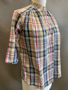 Womens, Shirt, CONTEMPO CASUALS, Beige, Navy Blue, Red, White, Cotton, Plaid, B:38, L, 3/4 Sleeves, Button Front, Band Collar,  Gathered at Shoulder Seam