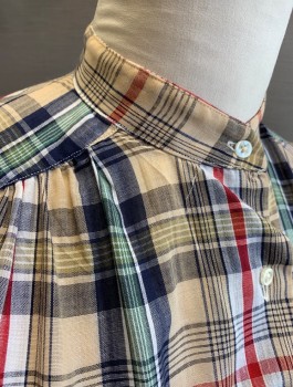 CONTEMPO CASUALS, Beige, Navy Blue, Red, White, Cotton, Plaid, 3/4 Sleeves, Button Front, Band Collar,  Gathered at Shoulder Seam
