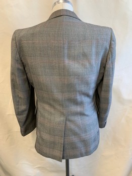 VAUGHN, Gray, Black, Red, Lt Brown, Wool, Glen Plaid, Notched Lapel, Single Breasted, Button Front, 2 Buttons, 3 Pockets
