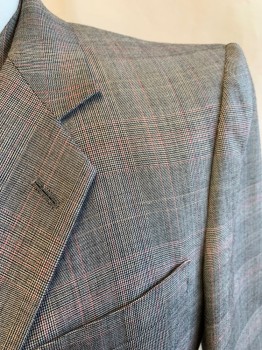VAUGHN, Gray, Black, Red, Lt Brown, Wool, Glen Plaid, Notched Lapel, Single Breasted, Button Front, 2 Buttons, 3 Pockets