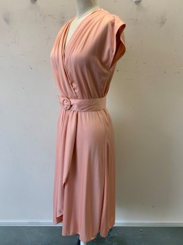 NO LABEL, Salmon Pink, Polyester, Solid, Sleeveless, V Neck, Crossover, Elastic Waist Band, Pleated, with Matching Waistbelt