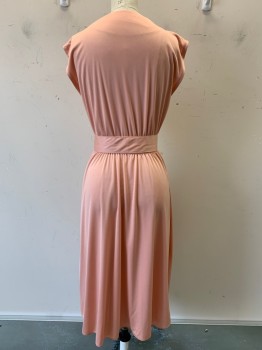 NO LABEL, Salmon Pink, Polyester, Solid, Sleeveless, V Neck, Crossover, Elastic Waist Band, Pleated, with Matching Waistbelt