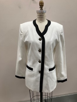EXECUTIVE COLLECTION, White, Black, Polyester, Color Blocking, SB. 4 Btns, Novelty Neckline Round Into V-N, Wide Black Binding At Neck/Placket/Pockets & Sleeve Cuffs, 2 Pckts,