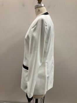 EXECUTIVE COLLECTION, White, Black, Polyester, Color Blocking, SB. 4 Btns, Novelty Neckline Round Into V-N, Wide Black Binding At Neck/Placket/Pockets & Sleeve Cuffs, 2 Pckts,