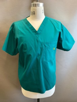N/L, Teal Green, Poly/Cotton, Solid, Short Sleeves, V-neck, 3 Pockets/Compartments on Right Chest