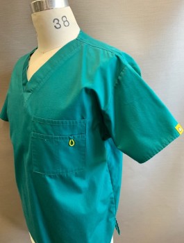 N/L, Teal Green, Poly/Cotton, Solid, Short Sleeves, V-neck, 3 Pockets/Compartments on Right Chest