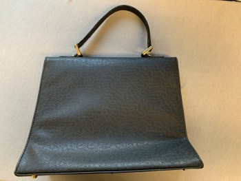 ST. JOHN, Black, Leather, Solid, Textured, Stiff Handbag, Gold Hardware