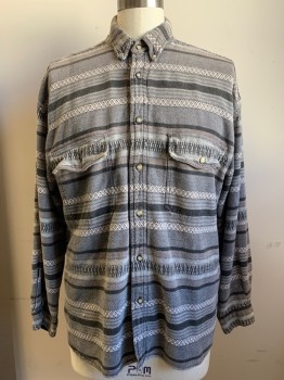 Mens, Shirt, Supplies, Gray, Charcoal Gray, Lt Gray, Cotton, Stripes - Horizontal , XL, Ls, Button Front, Collar Attached, Chest Pockets,