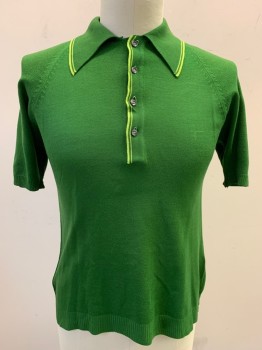Mens, Polo Shirt, TOWNCRAFT, Dk Green, Acrylic, Solid, L, Knit, Collar Attached, Half Button Front, Short Sleeves, Lime Green Trim