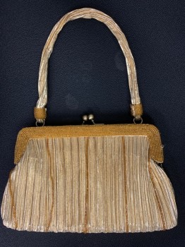 Womens, Purse, N/L, Gold, Lurex, Beaded, Solid, Fortuni Pleated Fabric Rectangle, Hinge Open, Clasp Close, Short Fabric Strap/handle, Beaded Trim and Stripes on Front