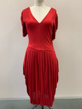 NO LABEL, Red, Viscose, Solid, Draped Short Sleeves, V Neck, Pleated Bottom, Side Zipper
