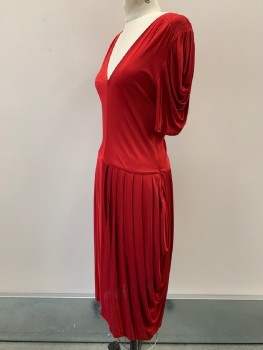 NO LABEL, Red, Viscose, Solid, Draped Short Sleeves, V Neck, Pleated Bottom, Side Zipper