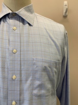 Mens, Casual Shirt, PRONTO UOMO, Baby Blue, Brown, Beige, Cotton, Grid , 34/35, 17, L/S, Button Front, Collar Attached, Chest Pocket