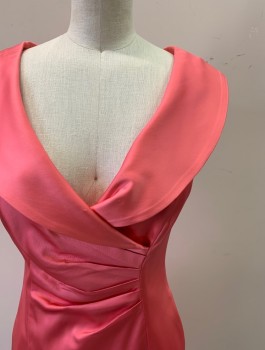 KAY UNGER, Bubble Gum Pink, Acetate, Polyamide, Solid, Satin, Surplice Top, Shawl Collar, Horizontal Pleats at Front Panel, Sleeveless, Back Zip, Knee Length *small Tear at Back Slit*