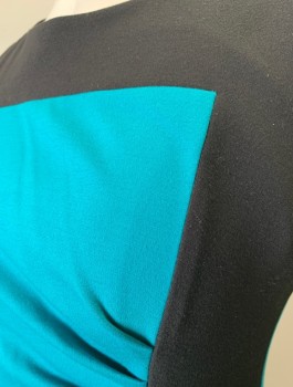 Womens, Dress, Sleeveless, CALVIN KLEIN, Turquoise Blue, Black, Poly/Cotton, Color Blocking, Sz.12, Jersey, Alternating Geometric Panels of Turquoise/Black, Round Neck,  Ruched Detail at Side Wast, Fitted, Knee Length, Invisible Zipper in Back