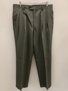 JOS A BANK, Putty/Khaki Gray, Wool, Solid, Pleated Front, Side Pockets, Zip Front, Belt Loops,