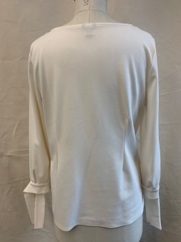 ANN TAYLOR, Ivory White, Polyester, Spandex, Solid, L/S With Ties At Wrists, Scoop Neck,