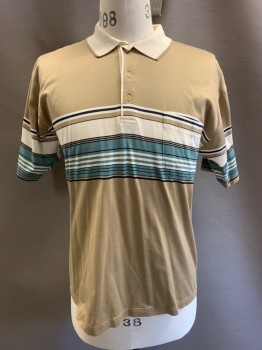 Mens, Polo Shirt, BENSU, Dk Beige, Multi-color, Poly/Cotton, Stripes, 40, 3 Bttns, S/S, 1 Pckt, Cream Collar, Cream, Black, And Steel Gray Stripes