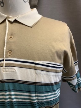 Mens, Polo Shirt, BENSU, Dk Beige, Multi-color, Poly/Cotton, Stripes, 40, 3 Bttns, S/S, 1 Pckt, Cream Collar, Cream, Black, And Steel Gray Stripes
