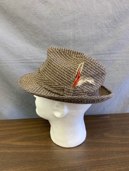 Mens, Fedora, NL, Brown, Gray, Beige, Wool, Plaid, 7/56, Band with Feather