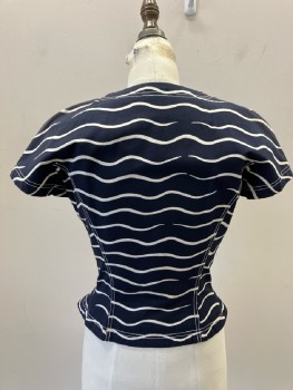 UNGARO, Navy Cotton with Broken Wavy White Horizontal Stripes, V-N, Snap Front Cap Sleeves, Princess Seams,