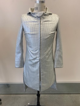 Mens, Coat, NL, Silver, Leather, Synthetic, W:34, C:36, Cut Out Squares, C.A., Zip Front, Slits On Sides & Front, Darts, Snap & Tab At Neck, High-Low Hem