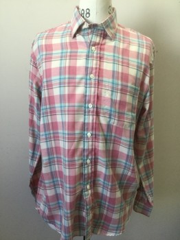 SY DEVORE, Oatmeal Brown, Baby Pink, Baby Blue, Gray, Cotton, Plaid, Long Sleeves, Button Front, Left Front Pocket, Oatmeal/BabyBlue/BabyPink Plaid
