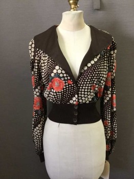 Womens, Top, NO LABEL, Brown, Polyester, XS, Brown Lapel, 3 Buttons 2 Snap Front, Brown Ribbed Knit Waist. Cream Polka Dots, Pink/Grey Floral Overlay