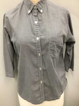 Womens, Blouse, LUCY DALE, Gray, Cotton, Solid, 3/4 Sleeve Button Front, Collar Attached,  Button Down Collar, White Top Stitching,