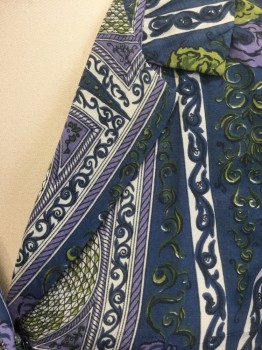 PARADE, Dk Blue, White, Olive Green, Periwinkle Blue, Geometric, Medallion Pattern, Dark Blue, White, Olive, Periwinkle Squares with Medallions Pattern, 3/4 Sleeve, Shirtwaist, Notched Collar, Pleated at Waist, Knee Length,