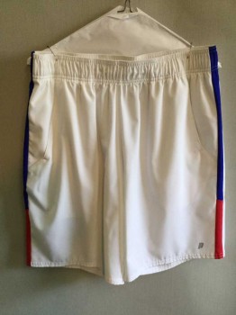 Mens, Shorts, Prince, White, Blue, Red, Polyester, L, Tennis Shorts, White with Blue/Red Stripe Down Sides, Pocket, Elastic Smocked Waistband, 2 Pockets