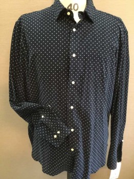CULTURADA, Navy Blue, White, Cotton, Lycra, Geometric, Navy W/small White Square W/dot Inside, Collar Attached, Button Front, Long Sleeves, See Photo Attached,