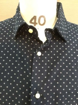 CULTURADA, Navy Blue, White, Cotton, Lycra, Geometric, Navy W/small White Square W/dot Inside, Collar Attached, Button Front, Long Sleeves, See Photo Attached,