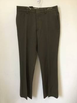 N/L, Brown, Polyester, Cotton, Solid, Twill, Flat Front, Zip Fly, 4 Pockets, Straight Leg,