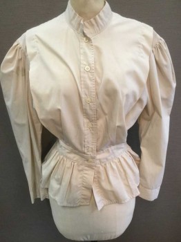 N/L, Cream, Cotton, Polyester, Solid, L/S, B.F., Stand Collar, 1.75" Wide Self Waist Band, Gathered In To Waistband, with Peplum Style Bottom, Puffy Sleeves Gathered At Shoulders, 1" Wide Tuck Starts At Front Shoulders, Forms V Shape In Back, Made To Order  **Has Sticky Residue Stain On One Sleeve ,
