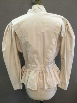 N/L, Cream, Cotton, Polyester, Solid, L/S, B.F., Stand Collar, 1.75" Wide Self Waist Band, Gathered In To Waistband, with Peplum Style Bottom, Puffy Sleeves Gathered At Shoulders, 1" Wide Tuck Starts At Front Shoulders, Forms V Shape In Back, Made To Order  **Has Sticky Residue Stain On One Sleeve ,