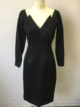 Womens, Cocktail Dress, N/L, Black, Metallic, Silk, Abstract , W:25.5, B:34, Black with Irregular Rectangles Pattern/Texture Brocade, Long Sleeves, Plunging Neckline with Graduated Zig Zag Edge, Empire Waist, Sheath Fit with Hem Below Knee, Zippers at Cuffs and Center Back,