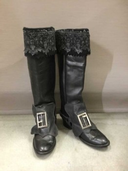Mens, Historical Fiction Boots , SOLTECH, Black, Leather, 10, Below Knee, Lace Cuff, Buckle Front, Spur Buckle Strap
